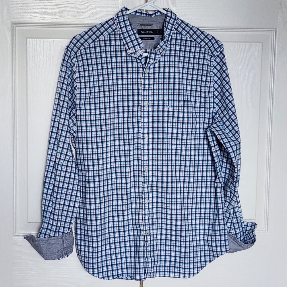Nautica Men's Stretch Blue Plaid Button Down Dress Shirt Size Large